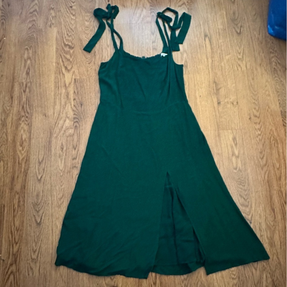 Reformation Forest Green sleeveless mid Dress 16 front slit holiday festive